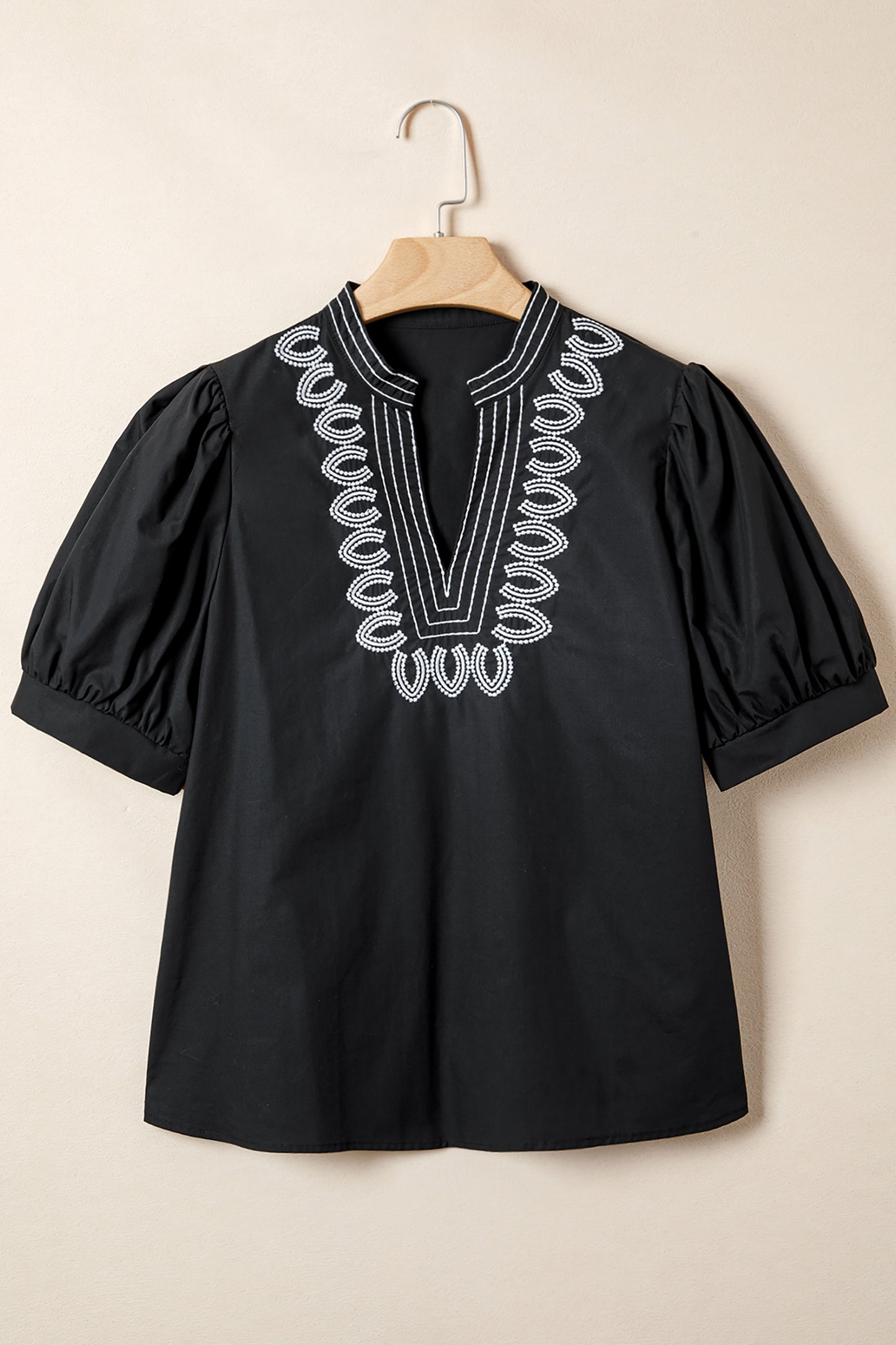 Embroidered V-Neck Short Puff Sleeve Blouse