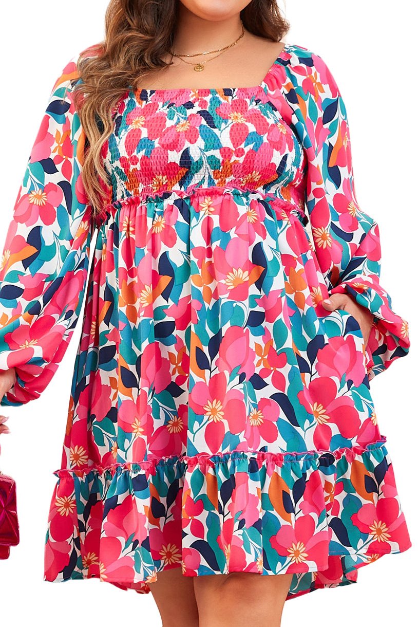 Floral Smocked Square Neck Dress Plus Size