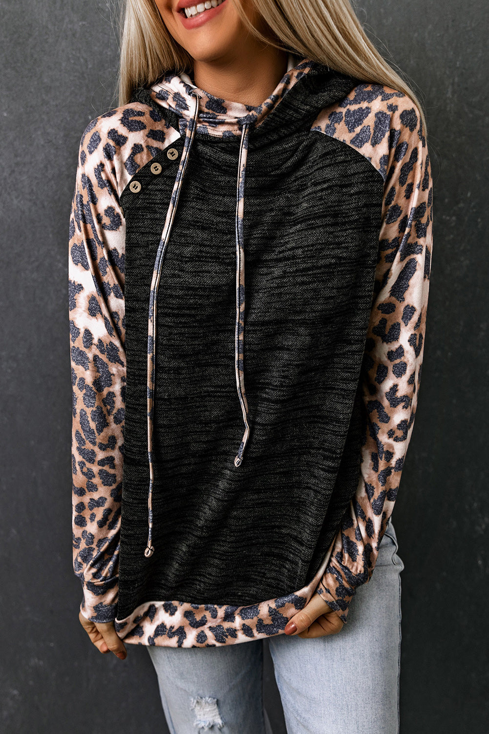 Leopard Colorblock Asymmetrical Button Hoodie