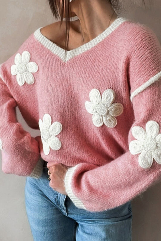 Floral V-Neck Drop Shoulder Sweater