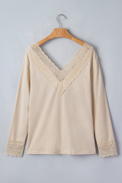 Lace Trim V-Neck Patchwork Long Sleeve Top