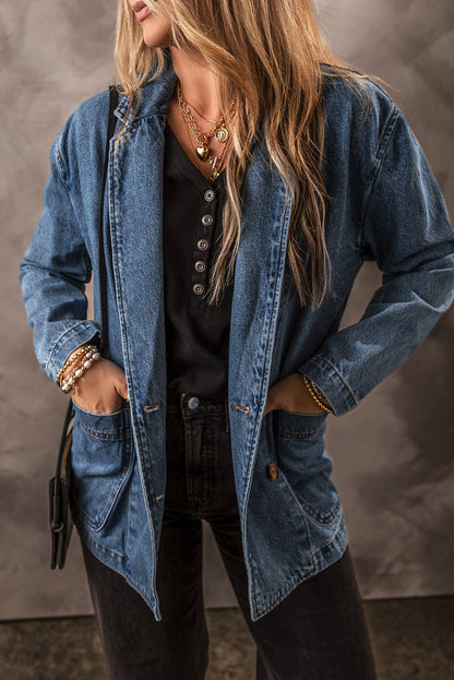 Denim Lapel Collar Pocketed Jacket