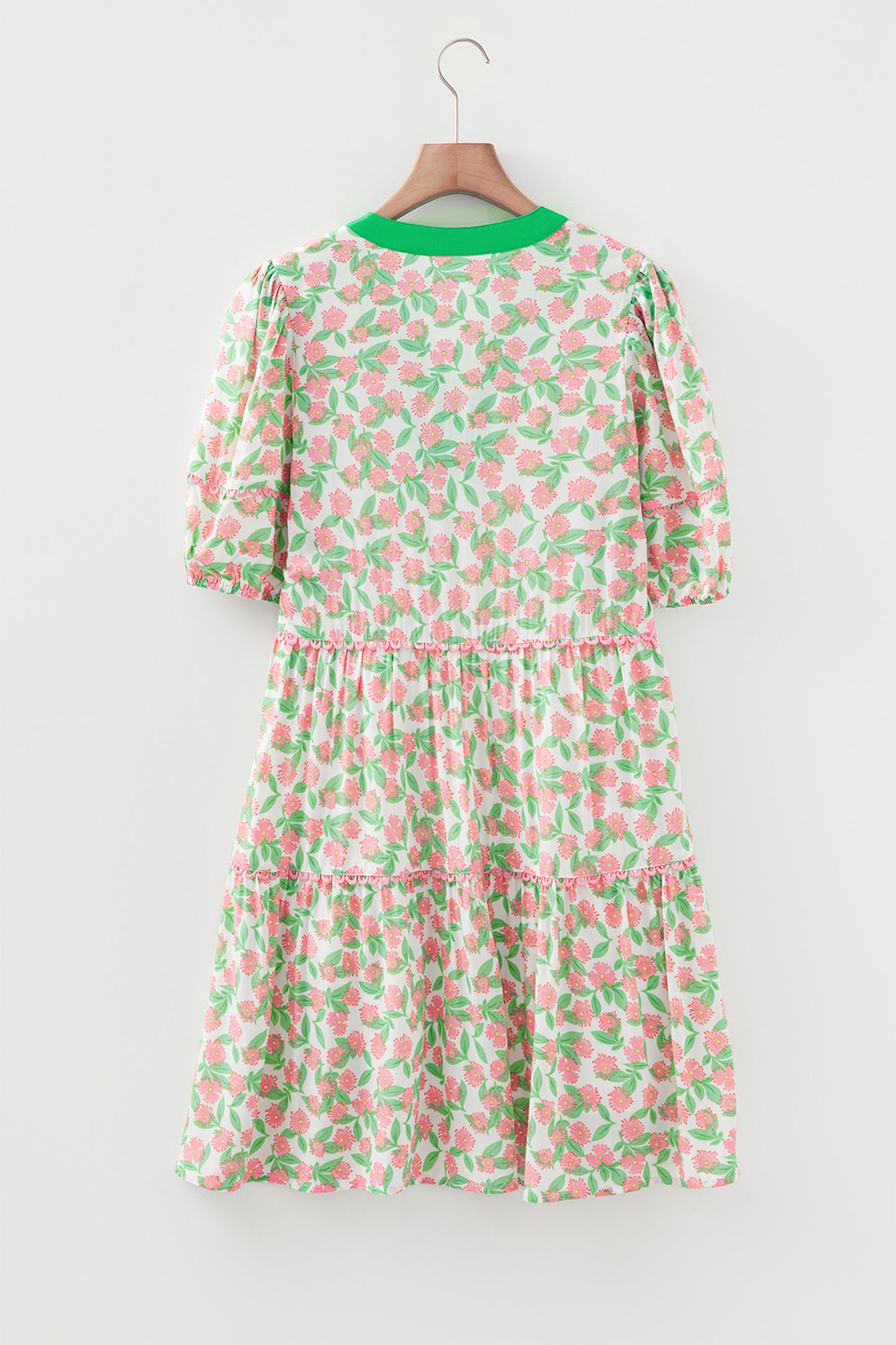 Floral Ricrac Trim Contrast V-Neck Puff Sleeve Dress