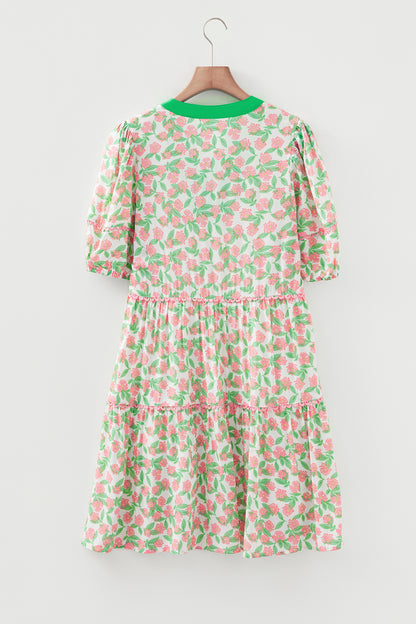 Floral Ricrac Trim Contrast V-Neck Puff Sleeve Dress