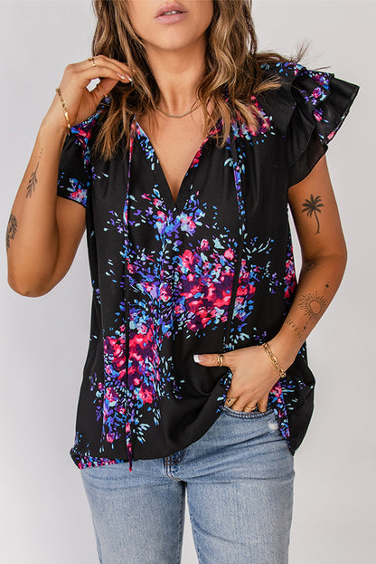 Abstract Flutter Sleeve V-Neck Blouse