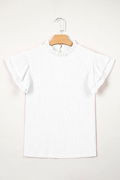 Solid Textured Ruffle Trim Short Sleeve Blouse