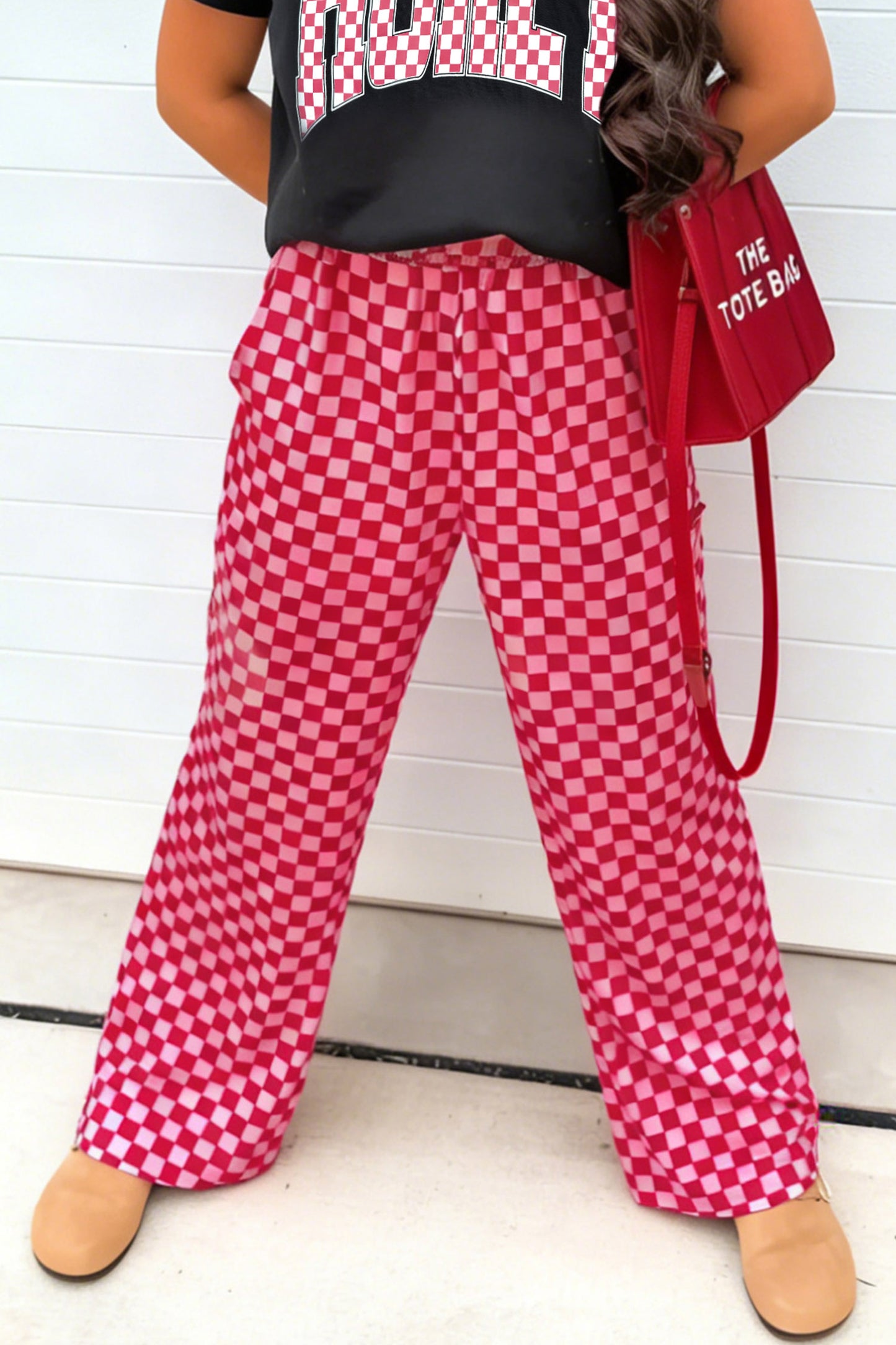 Checker Elastic Waist Wide Leg Pants