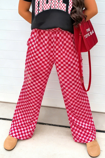 Checker Elastic Waist Wide Leg Pants