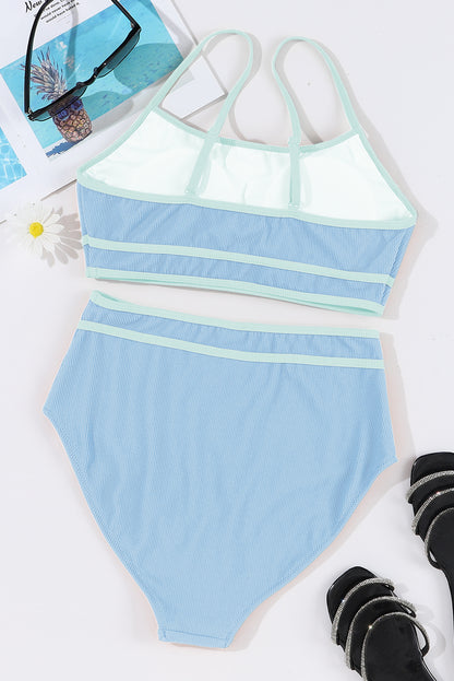 Ribbed Contrast Trim Spaghetti Strap Bikini Set