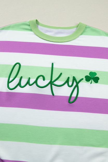 Stripe Lucky Clover Embroidered Dolman Sleeve Tee