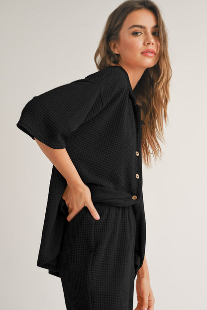 Solid Textured Buttoned Shirt and Pants Set