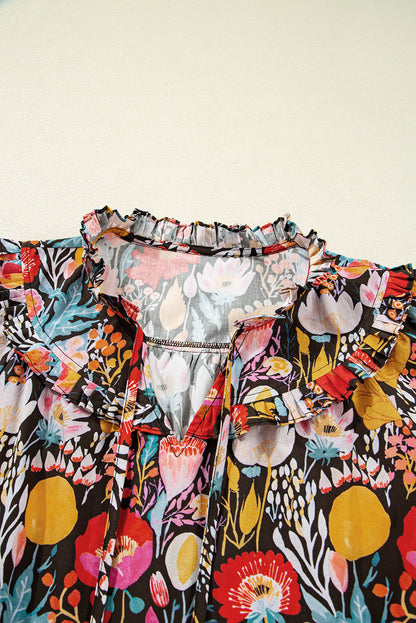 Floral 3/4 Puff Sleeve Tied Neck Blouse