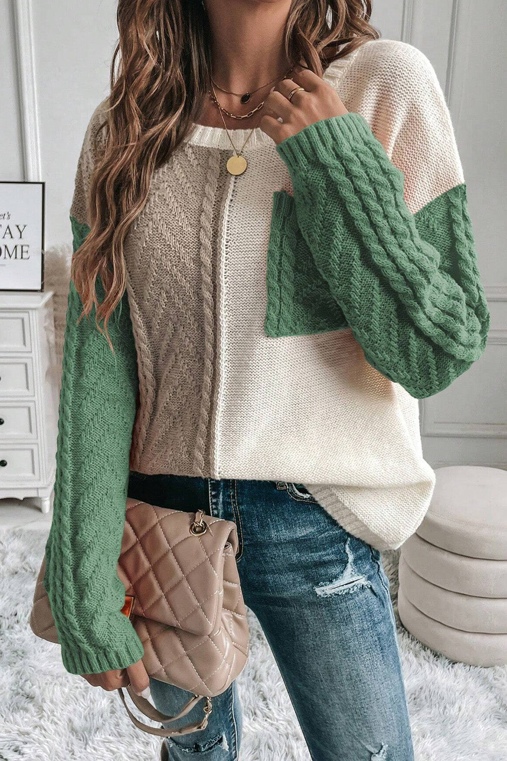 Colorblock Cable Knit Pocketed Sweater