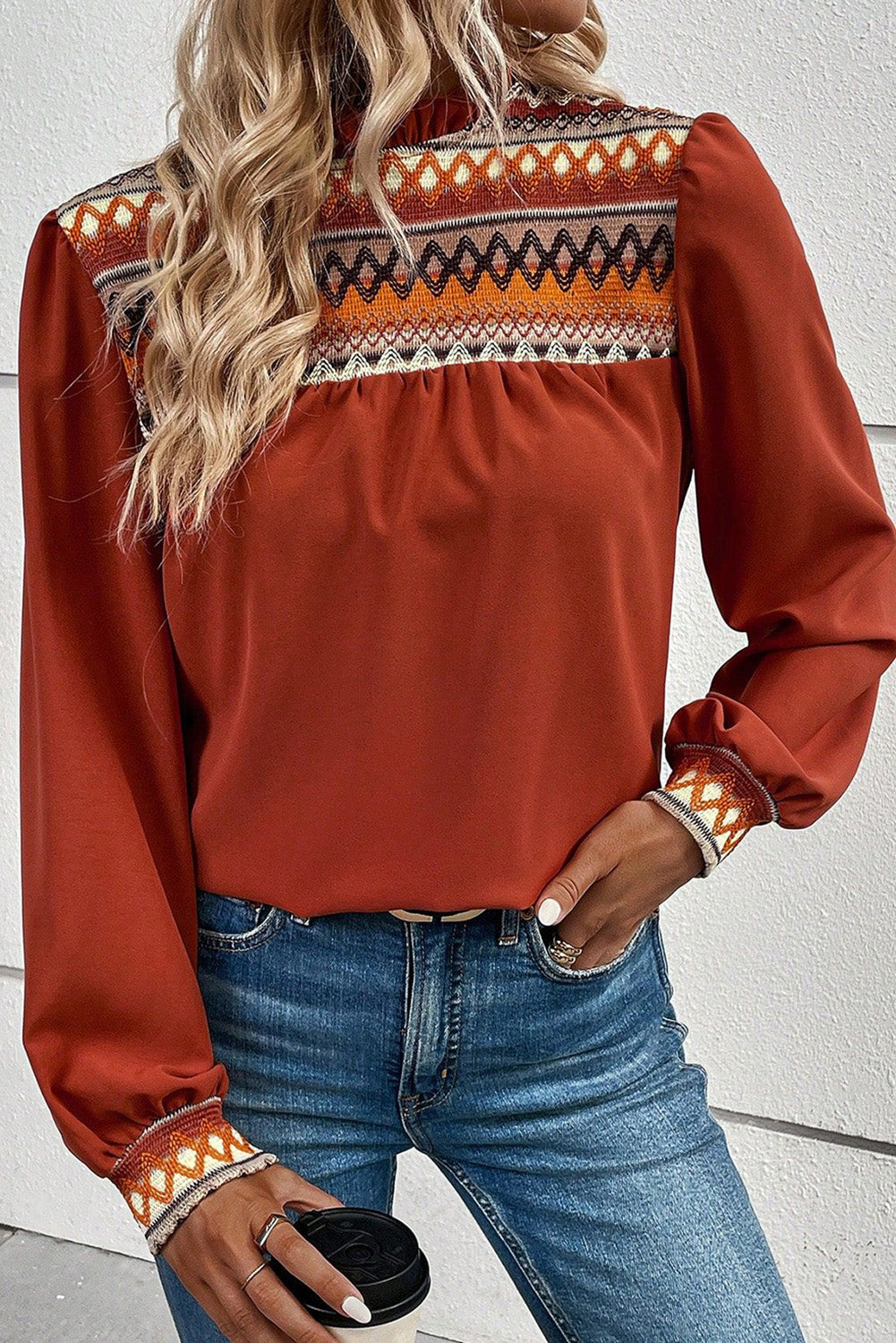 Western Geometric Frilled Neck Blouse