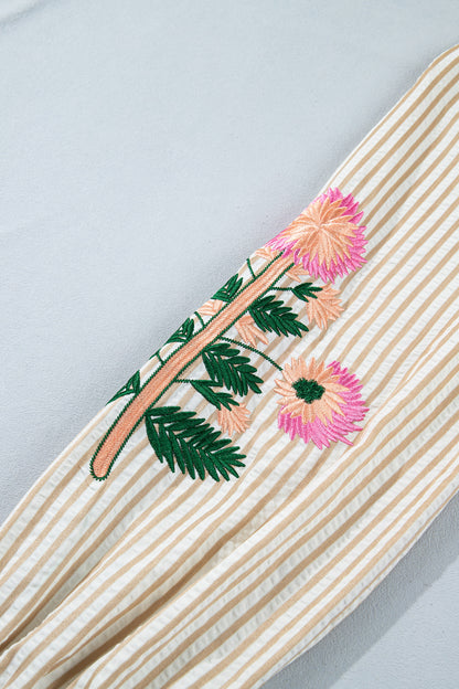 Floral Embroidered Stripe V-Neck Long Sleeve Blouse