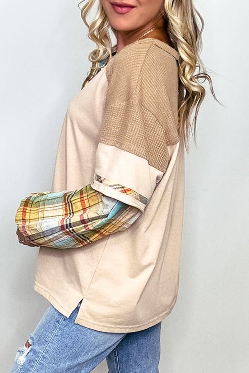 Plus Size Plaid Patchwork Henley Top