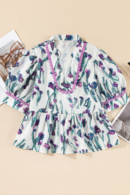 Floral Ricrac Trim Short Sleeve Peplum Top