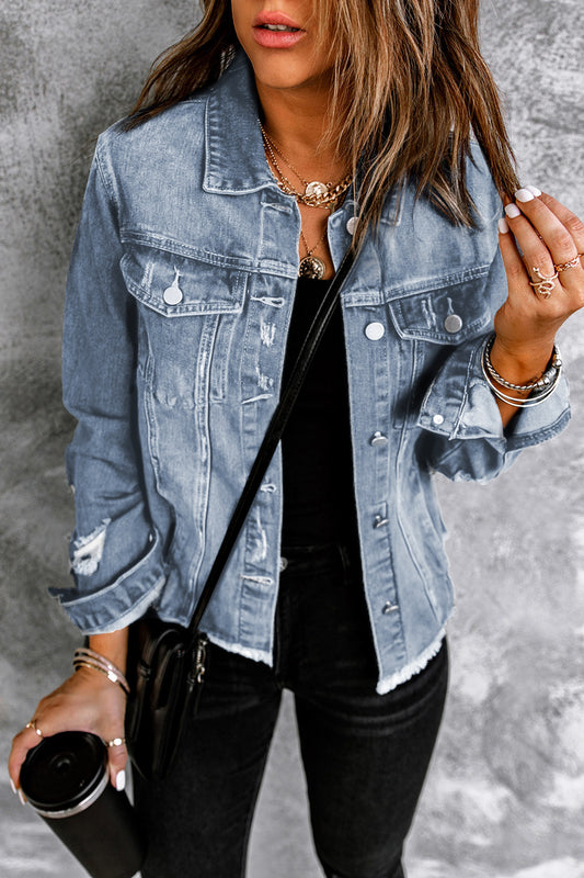 Denim Distressed Raw Hem Jacket