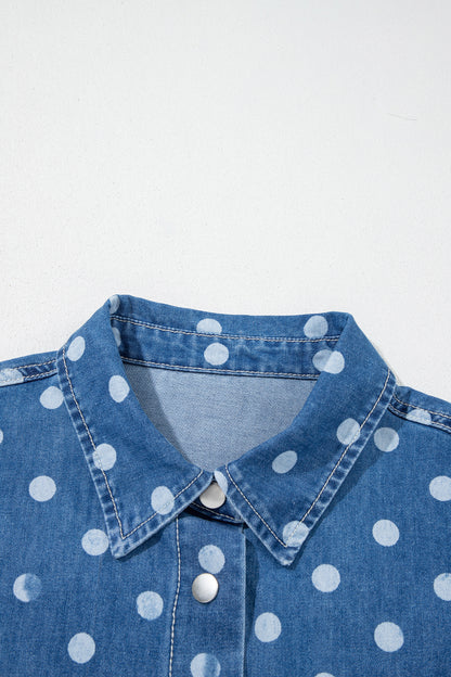 Polka Dot Denim Collared Button Up Jacket