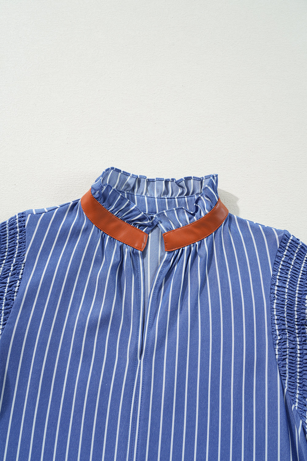 Stripe Frilly Neck Shirred Ruffle Sleeve Mini Dress