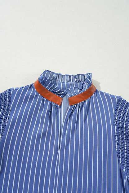 Stripe Frilly Neck Shirred Ruffle Sleeve Mini Dress