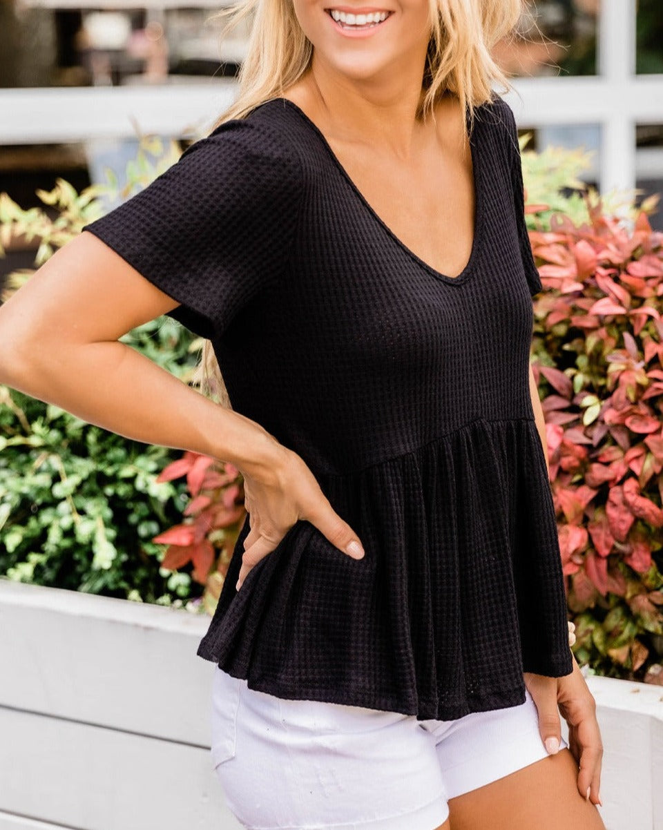 Waffle Short Sleeve Peplum Top