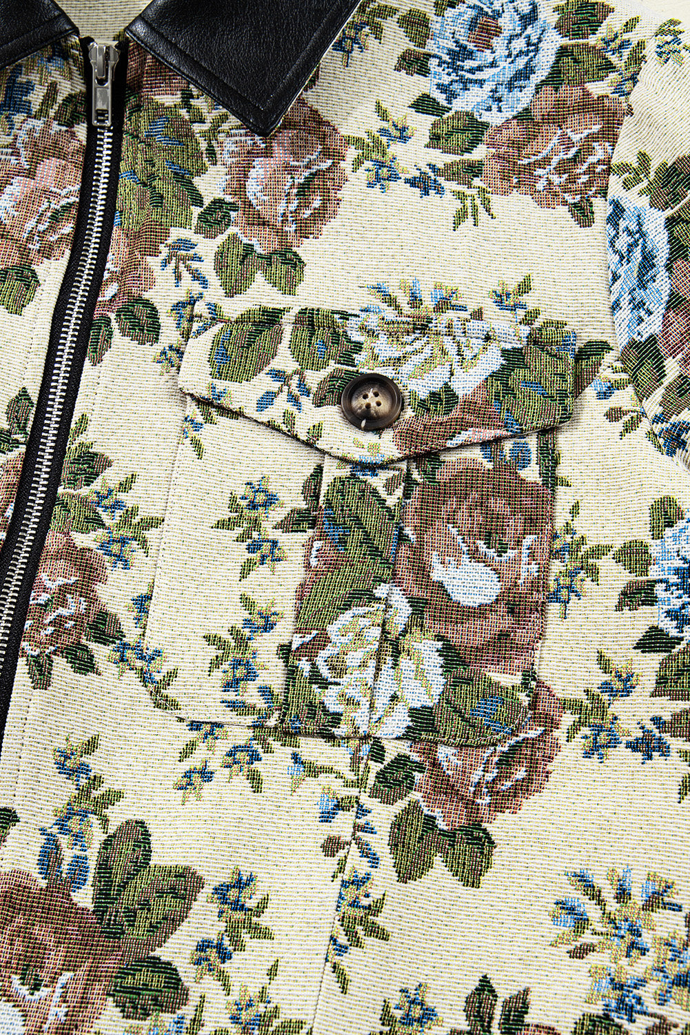 Floral Zip-Up Contrast Collared Jacket