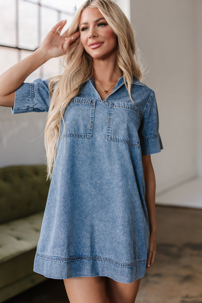 Solid Denim Collared Patch Pocket Mini Dress