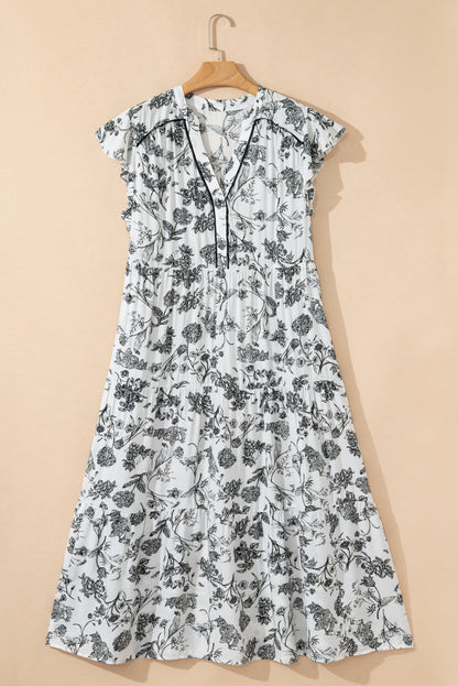 Plus Size Floral Ruffle Sleeve Midi Dress