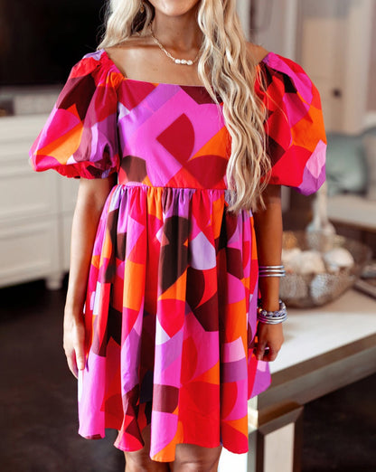 Abstract Puff Sleeve Dress