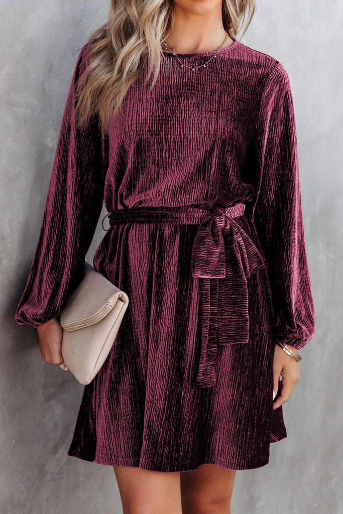 Crinkle Velvet Tie Belted Dress