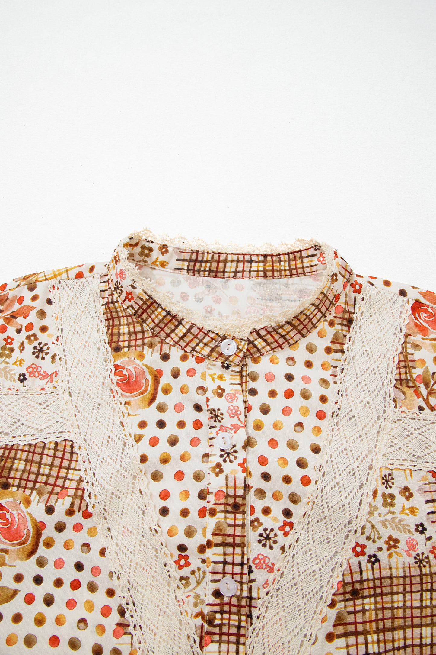 Floral Lace Trim Button Down Long Sleeve Shirt