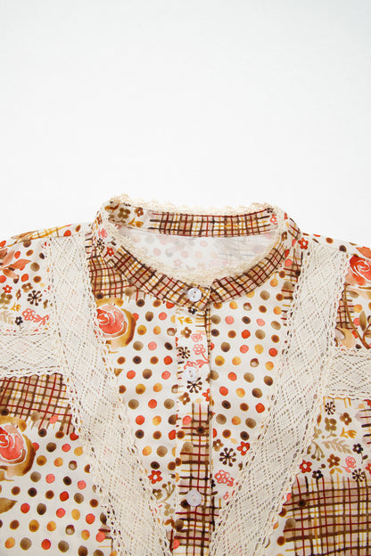 Floral Lace Trim Button Down Long Sleeve Shirt