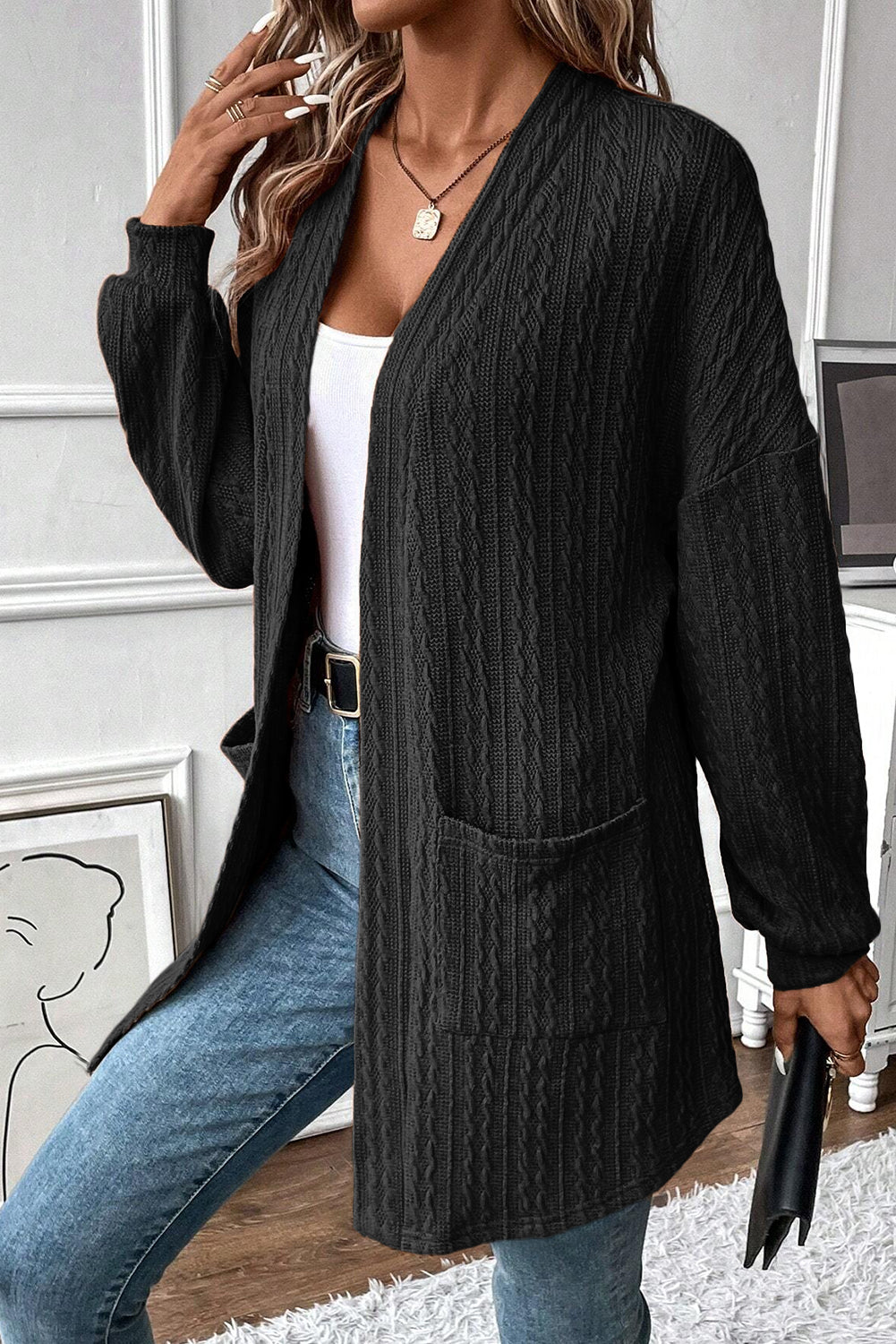 Texture Knit Open Front Cardigan