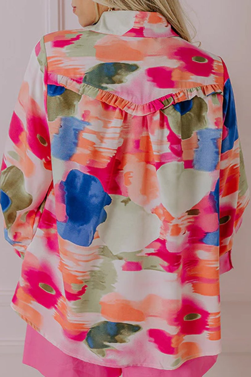 Abstract Ruffle Puff Sleeve Shirt