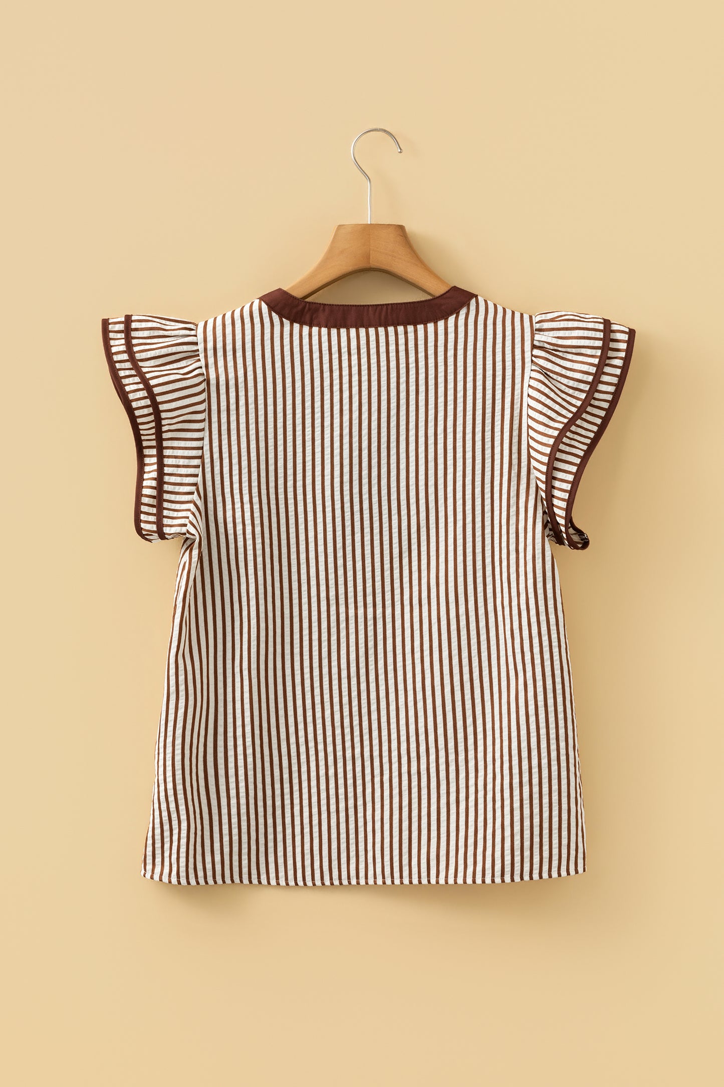Stripe Double Ruffle Short Sleeve V-Neck Blouse