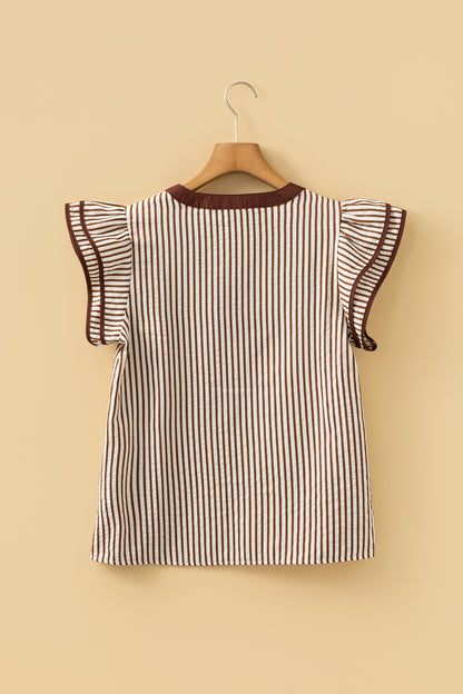 Stripe Double Ruffle Short Sleeve V-Neck Blouse