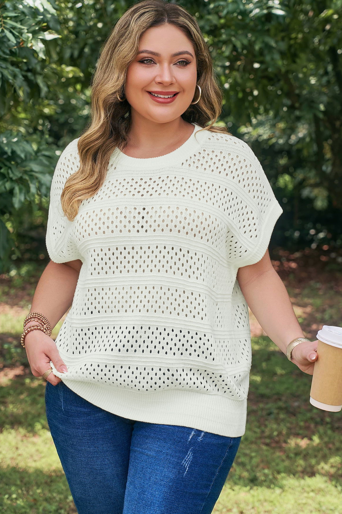 Plus Size Eyelet Hollow Out Dolman Knit Sweater