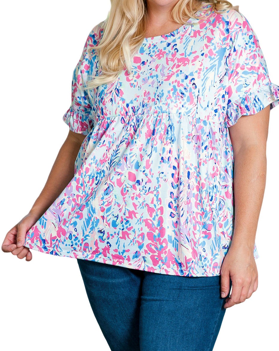 Abstract Frilled Short Sleeve Top Plus Size