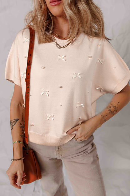 Bow Tie Pearl Embellished Dolman Short Sleeve Sweater
