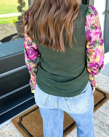 Floral Contrast Long Sleeve Top