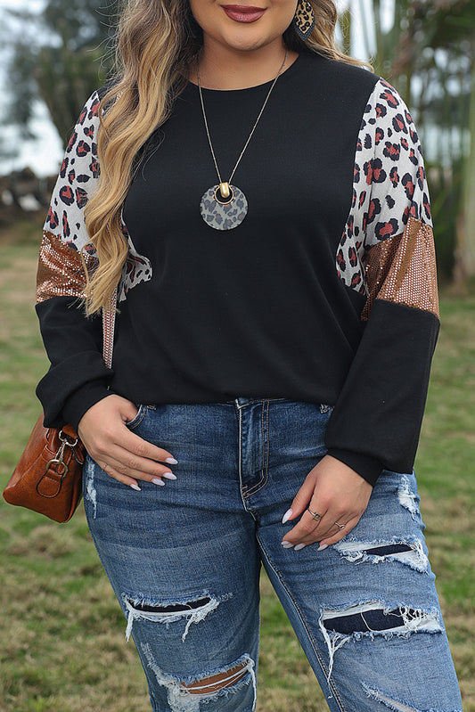 Leopard Sequin Long Sleeve Top Plus Size