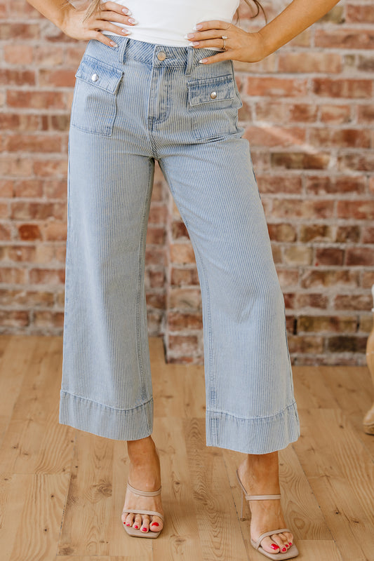 Stripe Denim Button Flap Pocket Cuffed Hem Jeans