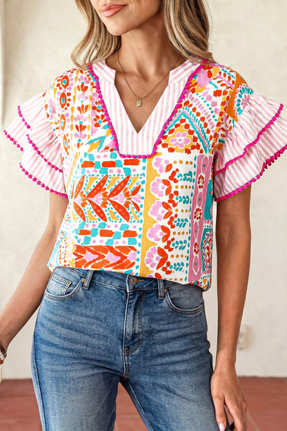 Boho Contrast Trim Patchwork Tiered Short Sleeve Blouse