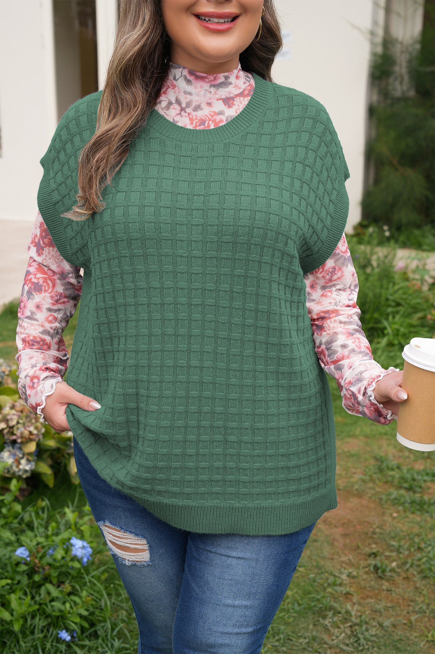 Plus Size Solid Textured Knit Short Sleeve Sweater