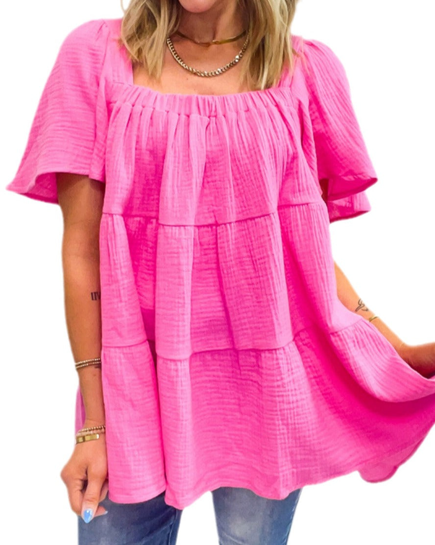 Gauze Square Neck Tiered Blouse