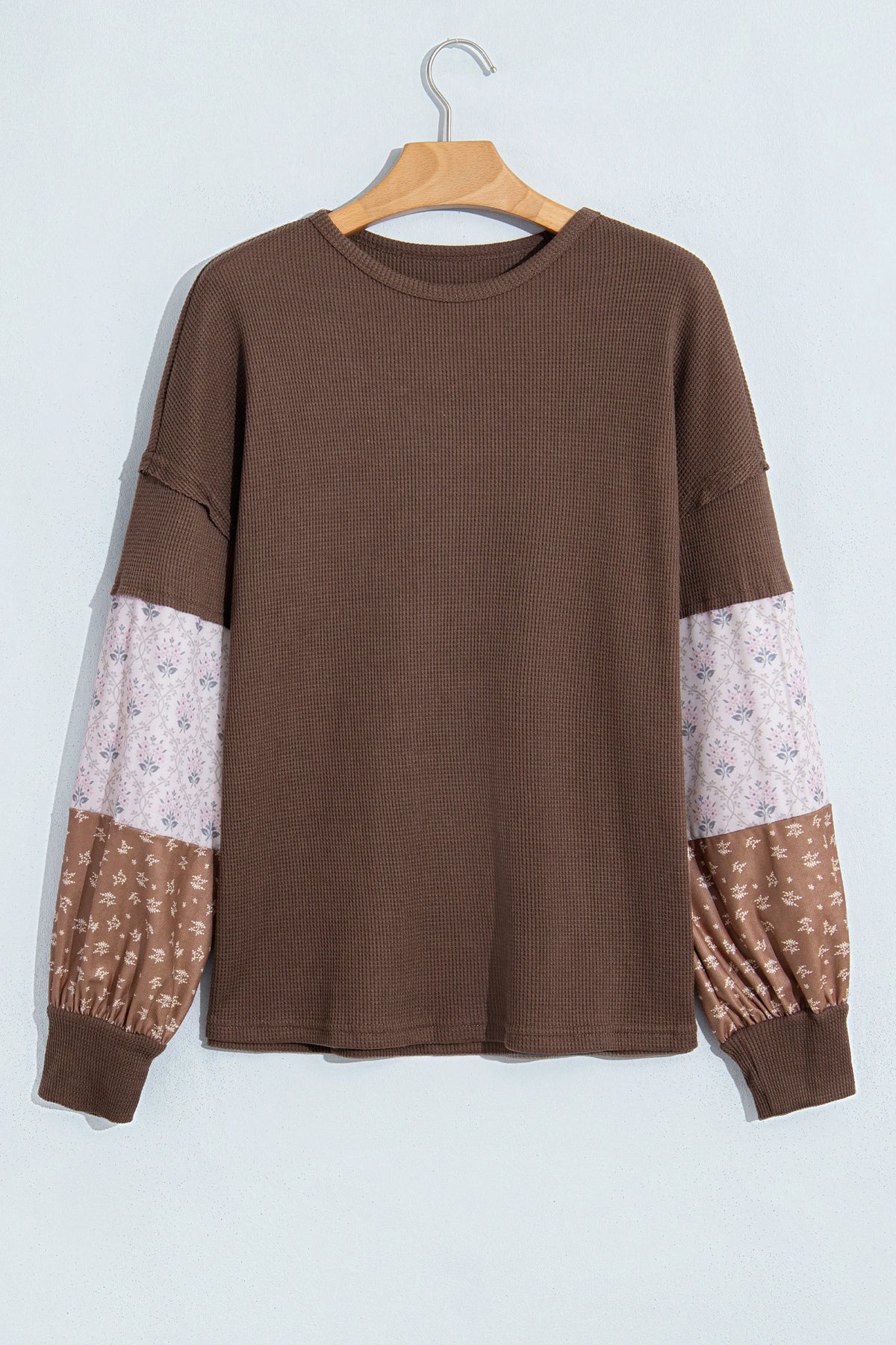 Plus Size Floral Patchwork Waffle Knit Long Sleeve Top