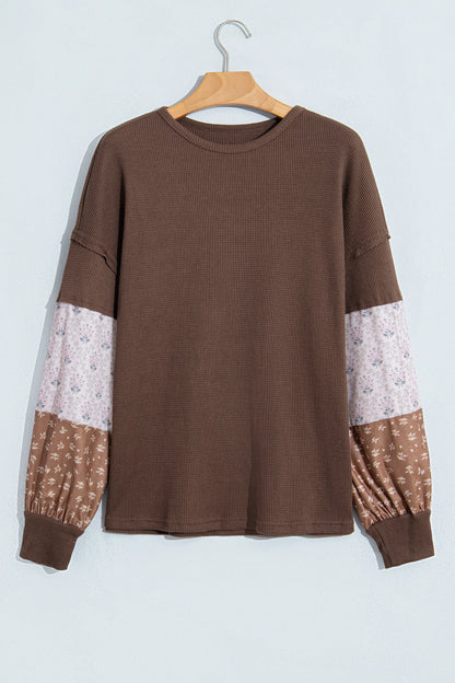 Plus Size Floral Patchwork Waffle Knit Long Sleeve Top