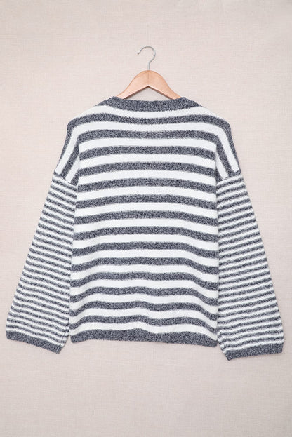 Stripe Lace Up V-Neck Sweater