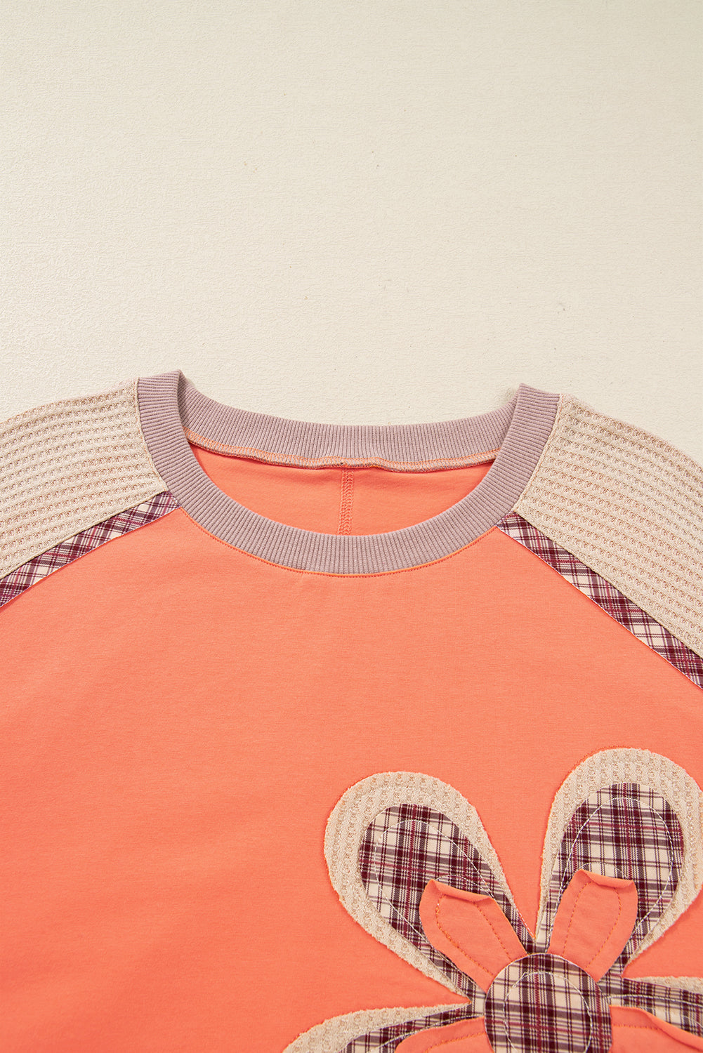 Plus Size Plaid Flower Patchwork 3/4 Sleeve Top